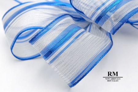 White and Blue Metallic Stripe 5 Loops Ribbon Bow_BW637-W865-4